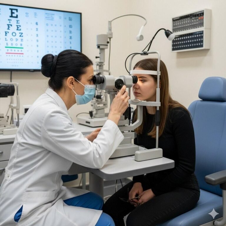 Médica oftalmologista examinando a visão de uma jovem
