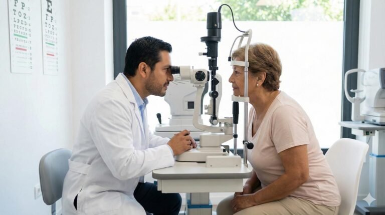 Médico oftalmologista examinando a visão de uma senhora