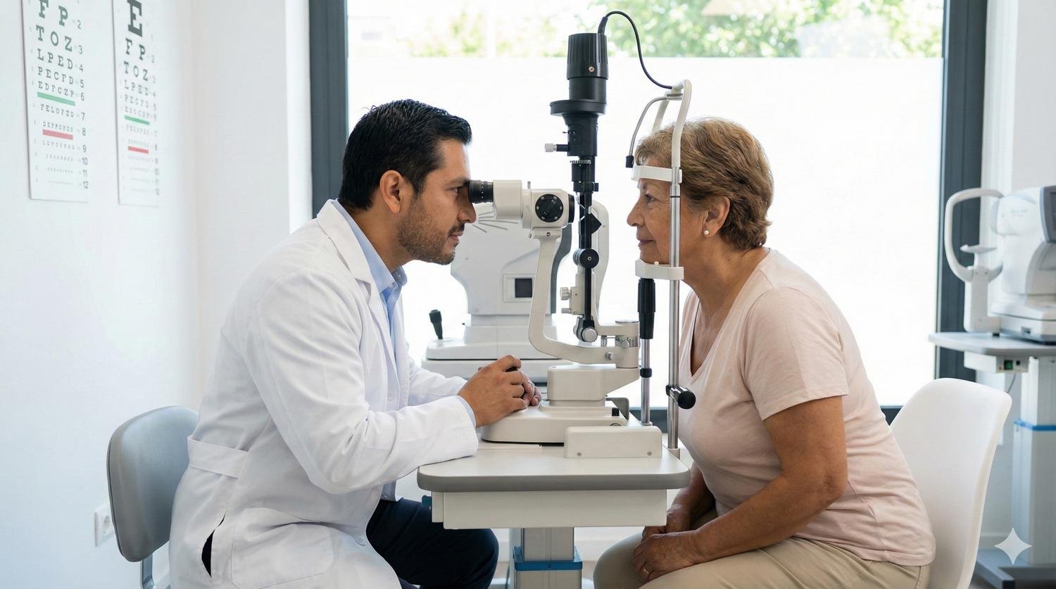 Médico oftalmologista examinando a visão de uma senhora